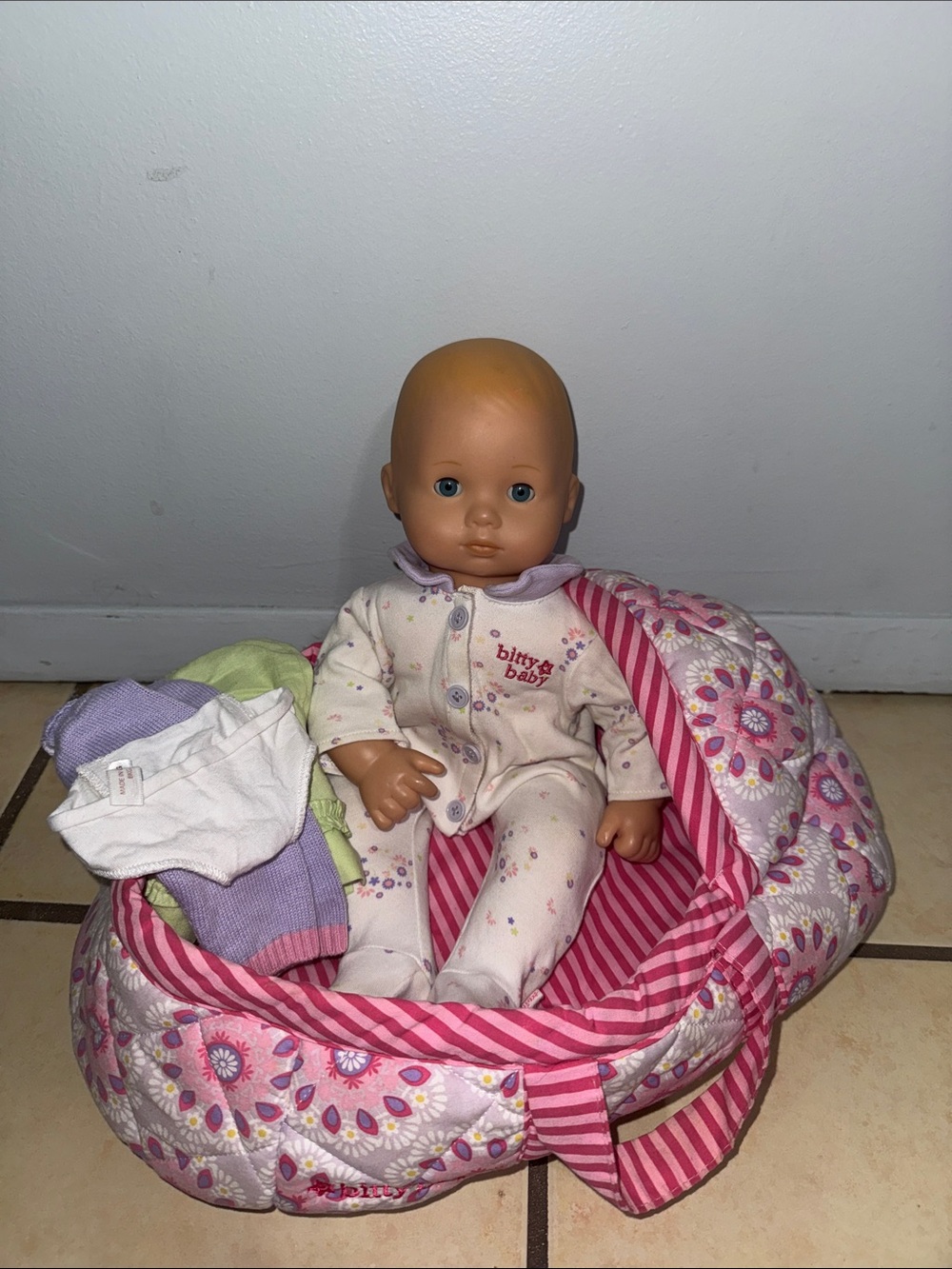 American Girl bitty baby doll with doll carrier and clothes